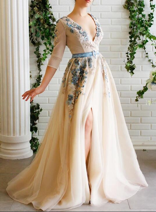 2020 Elegant Prom Dresses Lace 3D Floral Appliqued Side Split Evening Dress A Line V Neck Custom Made Special Occasion Gowns
