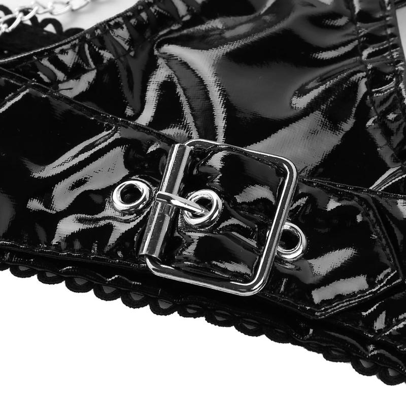 Sexy Crop Tops for Women Erotic Lingerie Wetlook Black PU Leather Latex Bra Hollow Out Bust & Metal Chain Tassel Dance Bras Top