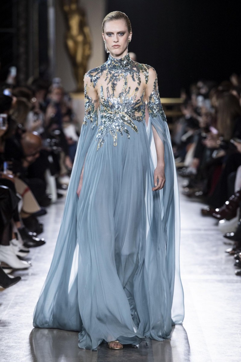 elie saab evening dresses light blue sequined beads high neck prom gowns tulle long sleeve party dress