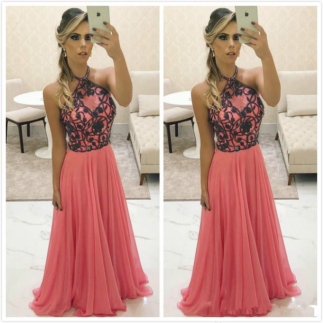 Country Water Melon Cheap Evening Beaded Halter Prom Dresses Chiffon Sexy Formal Party Second Reception Gowns Q60 0510