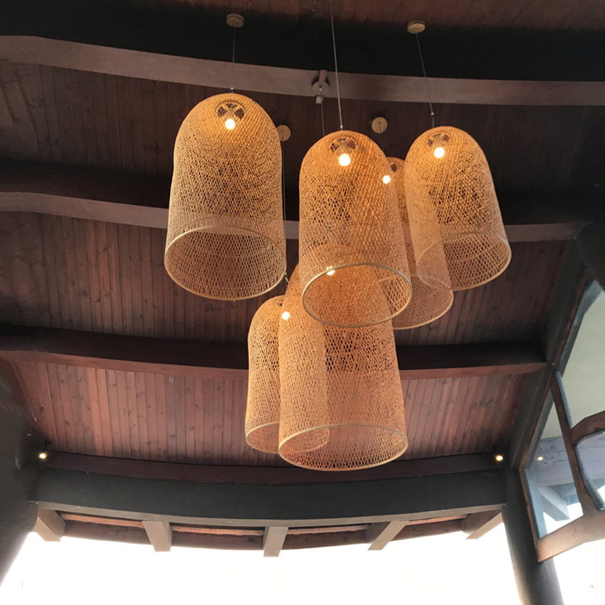 New Chinese Lantern Hotel Tea Staircase Hotel LED Bamboo Pendant Lights Hand Rattan Weaving Wood Pendant Lamp Lighting Luminaire