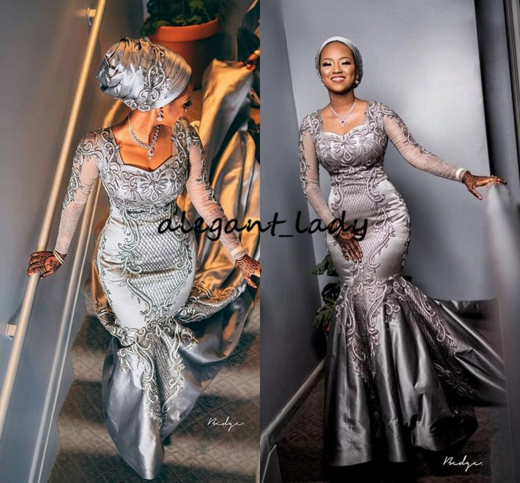 Silver Luxury Mermaid Wedding Dresses 2020 Modern African Nigerian Aso Ebi Lace Applique Long Sleeve Bride Temple Wedding gown
