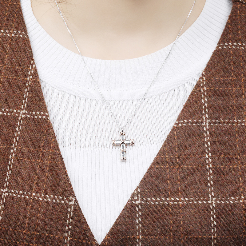 Unique Sterg Sier Princess Cut Topaz Cross Pendant Necklace for Women 536c