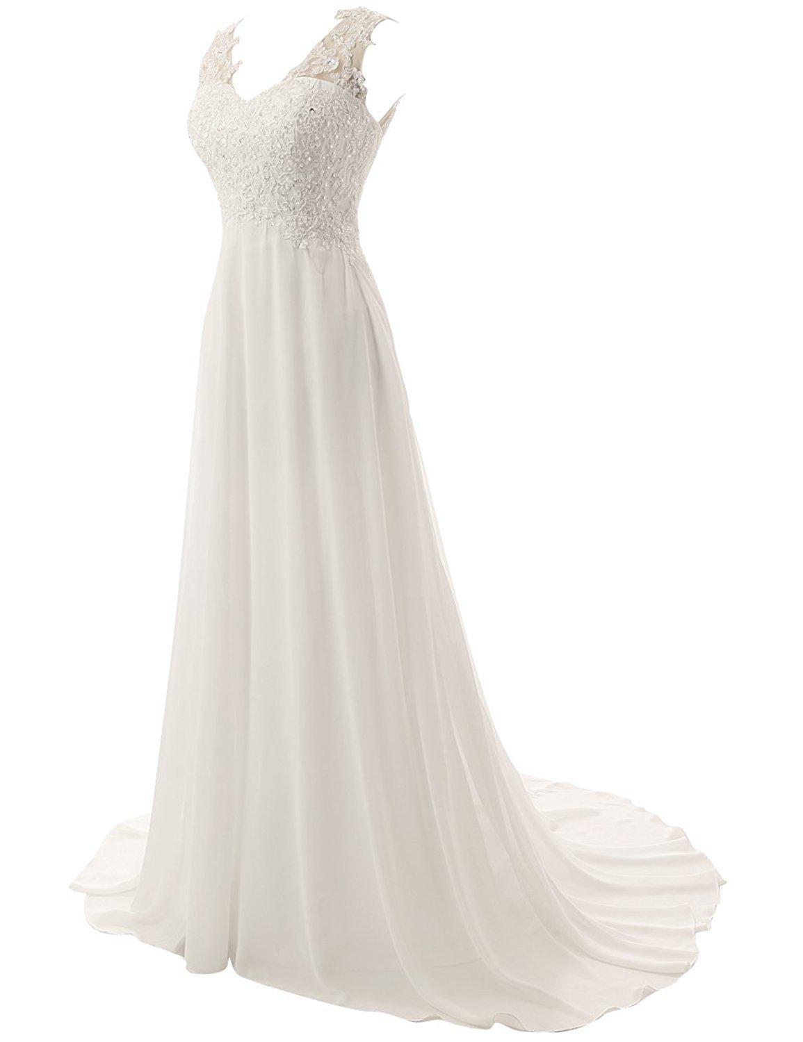 Stock A-Line Ivory V Neck Wedding Dresses Bridal Gowns With Appliques Floor-Length Wedding Party Size 16w QC1401