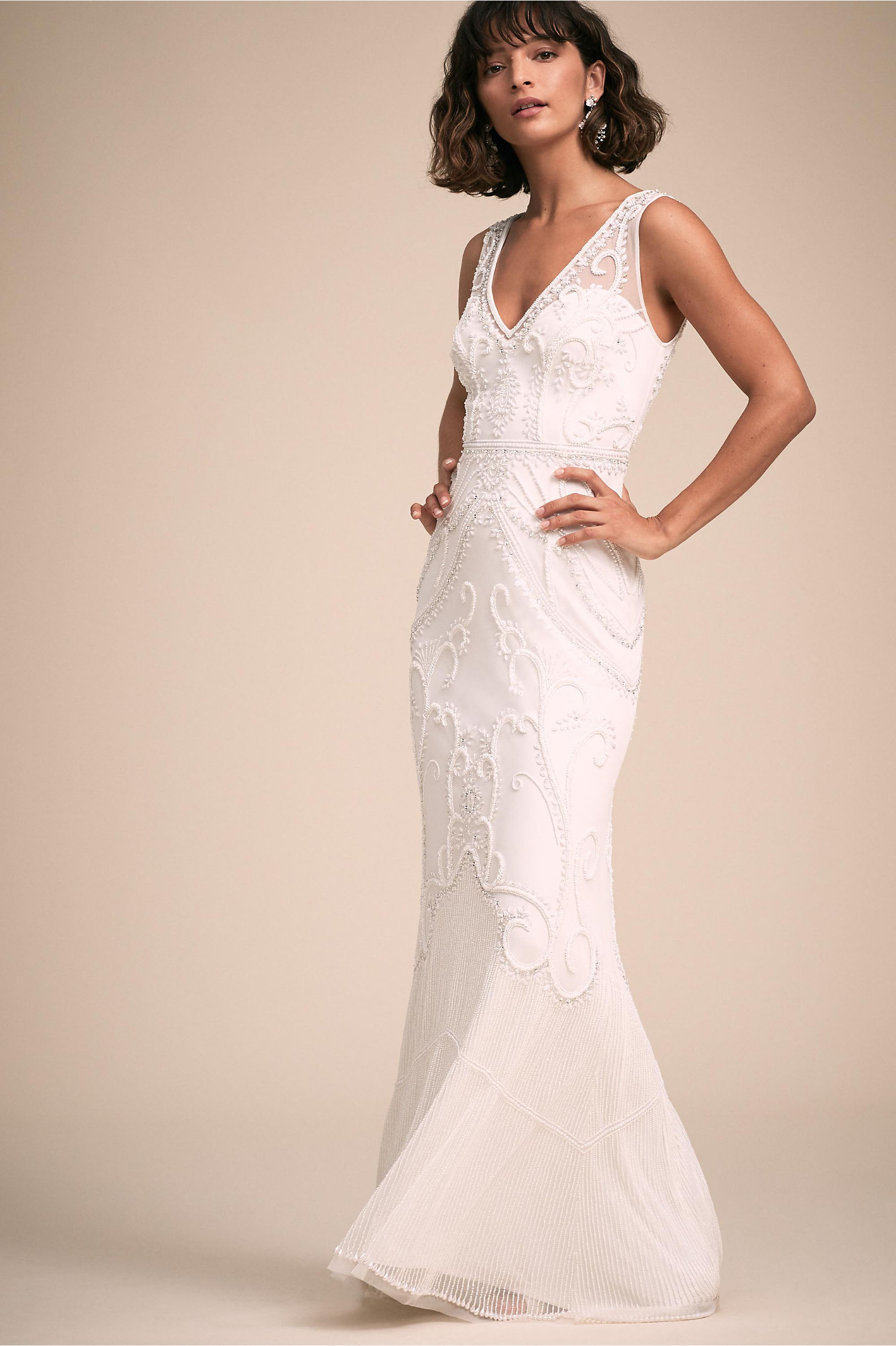 2019 BHLDN Mermaid Wedding Dresses V Neck Lace Beads Pearls Floor Length Beach Wedding Dress Sexy Back Country Gowns Robe De Mariée Plus