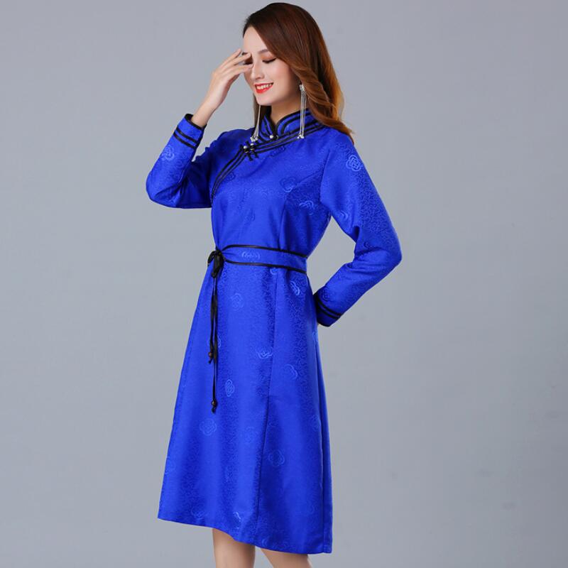 Mongolian dance stage wear long Sleeve Qipao Dress Silk blend Party Cheongsam For Women Elegant oriental ethnic clothing