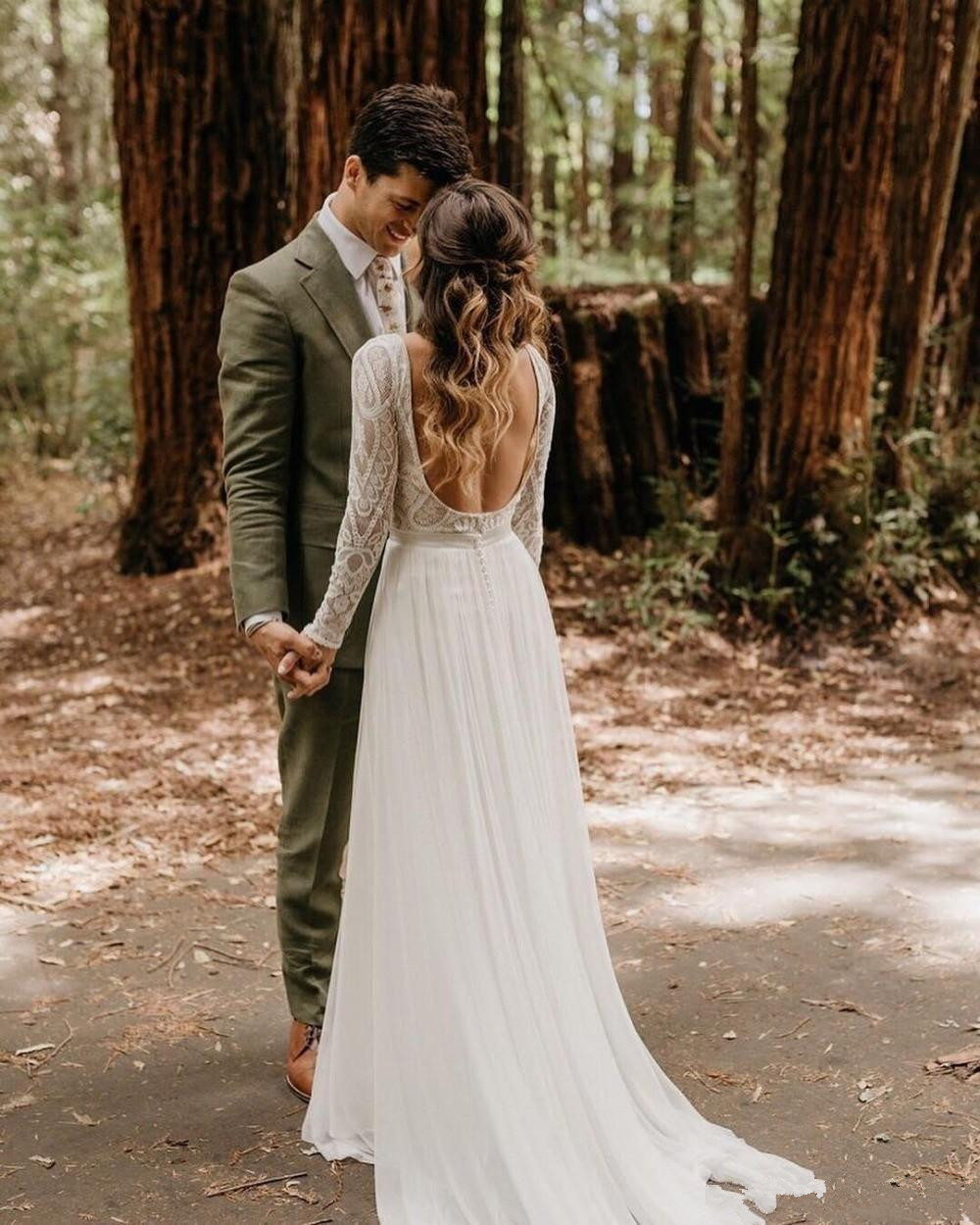 2020 Country Boho Wedding Dresses Long Sleeves Lace Applique Plus Size Bridal Gowns Open Back Chiffon Robe De Mariee