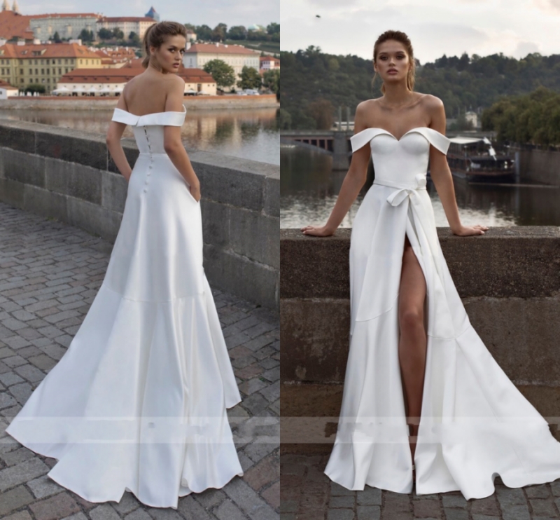 Simple Princess Wedding Dress Mermaid Satin High Split Bride Dresses Off The Shoulder Boho Wedding Gown Vestido de noiva