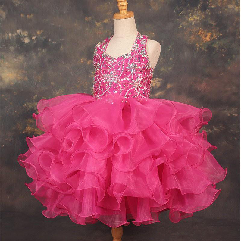 Lovely Cupcake Toddler Little Girls Pageant Dresses Ball Gown Ruffles Halter Beaded Organza Flower Girls First Communion Dress