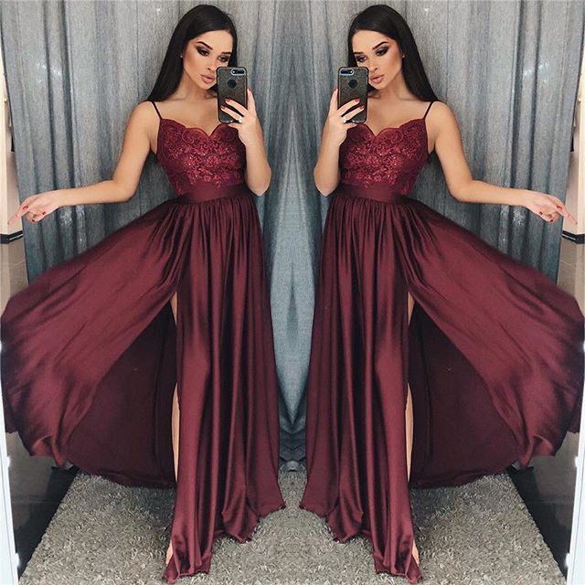 2019 Maroon Spaghetti Straps Prom Dresses Lace Appliques A Line Sexy Side Split Elastic Stain Like Silk Formal Occasion Evening Dresses, Brown
2019 Maroon Spaghetti Straps Prom Dresses Lace Appliques A Line Sexy Side Split Elastic Stain Like Silk Formal Occasion Evening Dresses, Brown