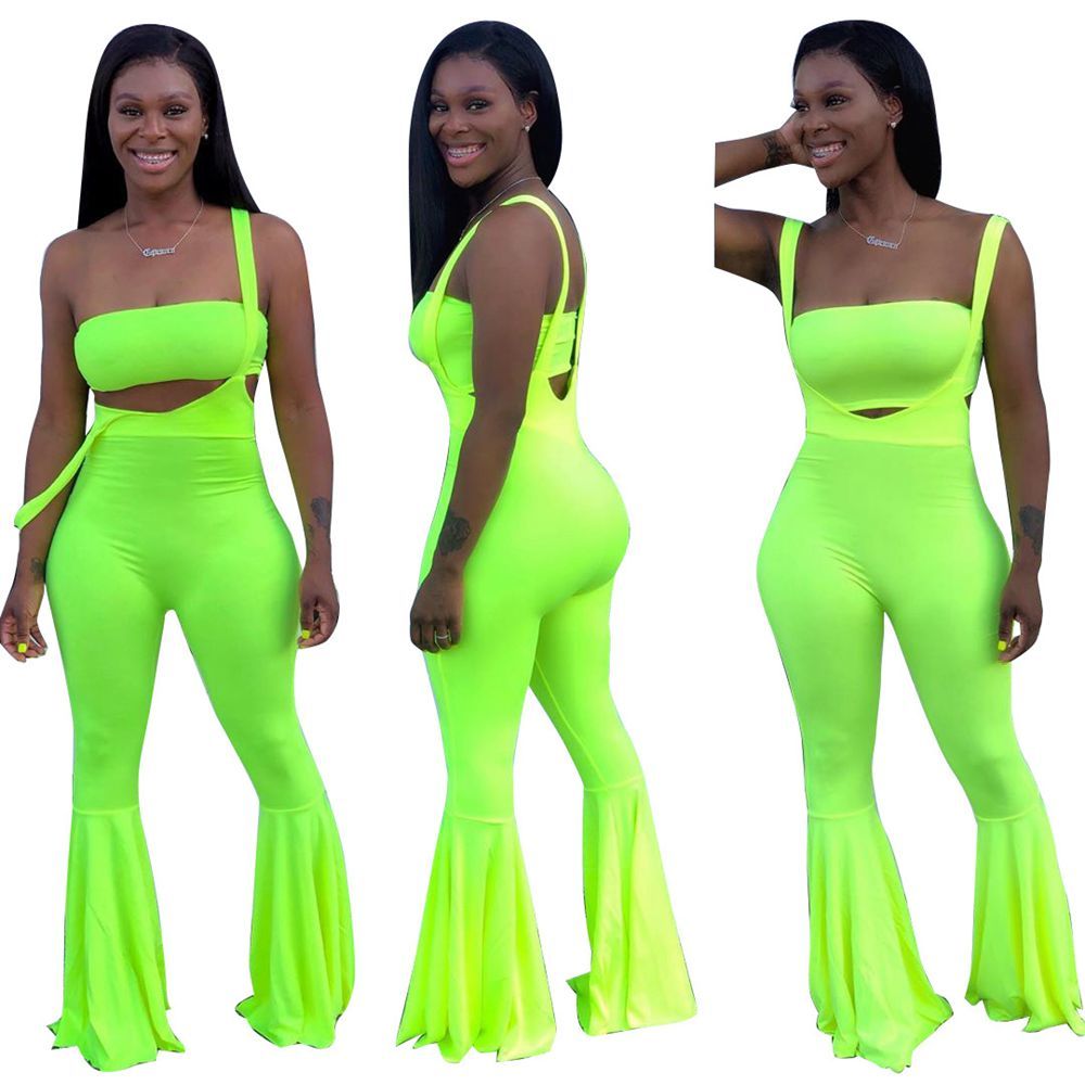 HAOYUAN Neon Green Rose Two Piece Set Summer Clothes for Women Crop Top and Flare Pant 2 Piece Matching Sets Sexy Club Outfits