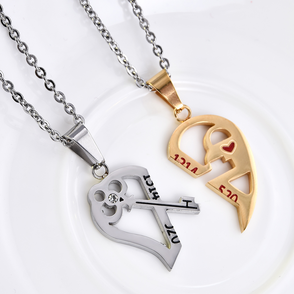 2019 New Fashion 2pcs His and Hers Stainless Steel Love Heart Lock & Key Couple Pendant Necklace stainless steel jewelry