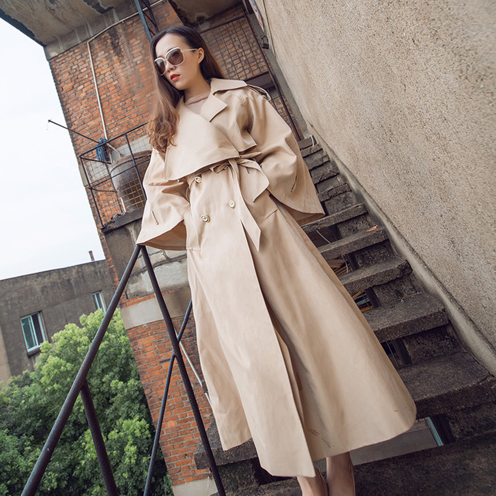 2019 Women Lapel Trench Coat Female Autumn New Style Long Trench Coat with Sashes, Khaki
2019 Women Lapel Trench Coat Female Autumn New Style Long Trench Coat with Sashes, Khaki