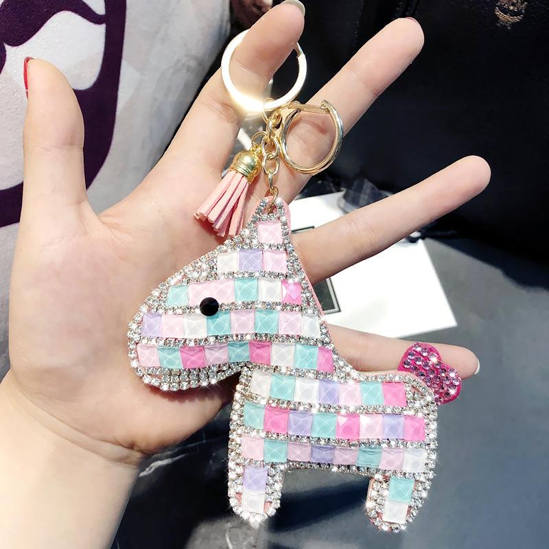 Horse Pony Animal Key Chain Crystal Rhinestone Pendant Keychain For Girl Women Leather Trinket Sparkle Metal Key Ring Bag Charm