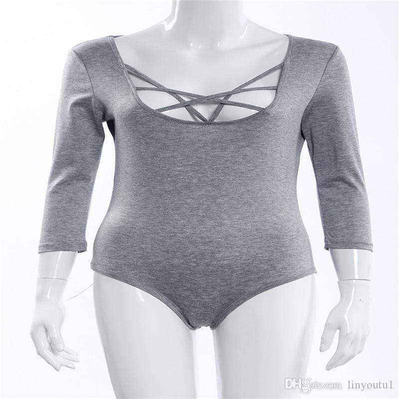 2020 Hot Sexy Women 3/4 Sleeve Bodysuit Bodycon Lady Leotard Body Tops Jumpsuit T-shirt V Neck Hollow out Bodysuit