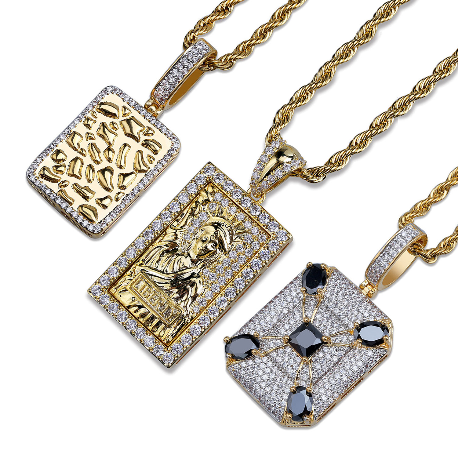 Unisex Gold Plated CZ Cublic Zirconia Gold Bullion Statue of Liberity Rectangle Pendant Necklace Twist Chain Lots Style Hiphop Jewelry Gifts