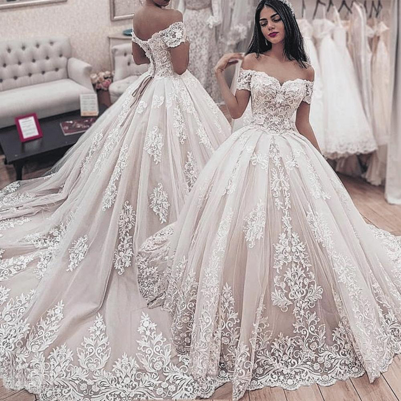Vintage Lace Dubai Wedding Dresses 2020 Royal Church Ball Gown Bridal Gowns Off The Shoulder Lace Up Back Plus Size vestido de noiva