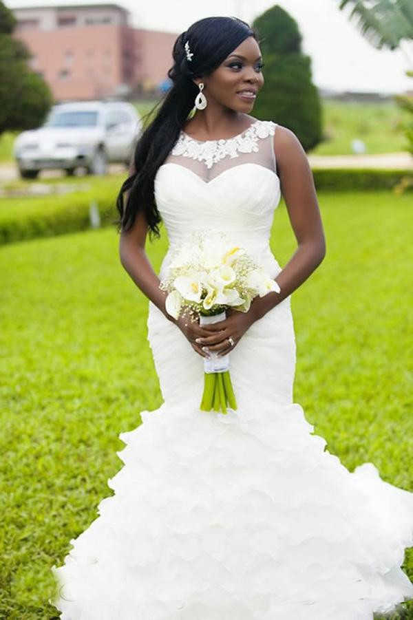 2019 Vintage New Mermaid Wedding Dresses Sheer Neck Appliques Ruffles Trumpet Plus Size Arabic African Bridal Gowns Vestidos De Novia 83 0510
