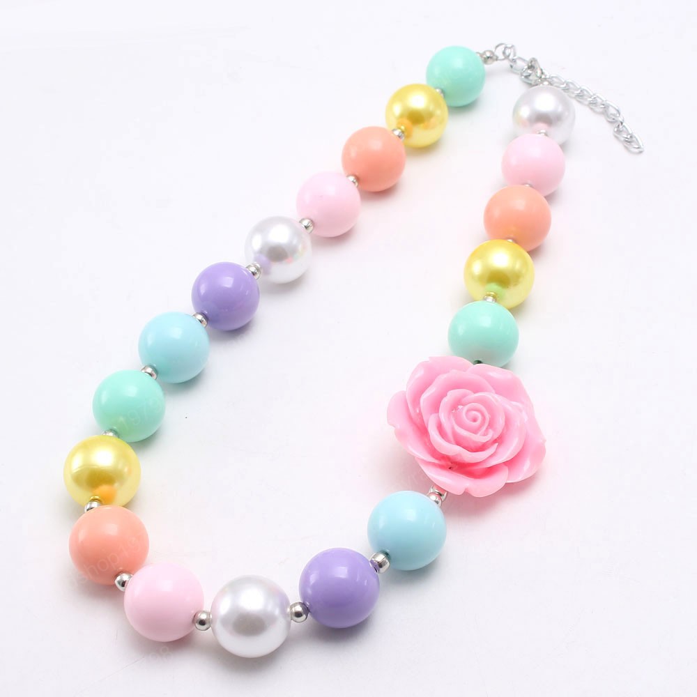 Adorable Candy Color Chunky Beads Necklace Bracelet With Rose Flower Kids Girls Child Chunky Beaded Jewelry Set Colorful