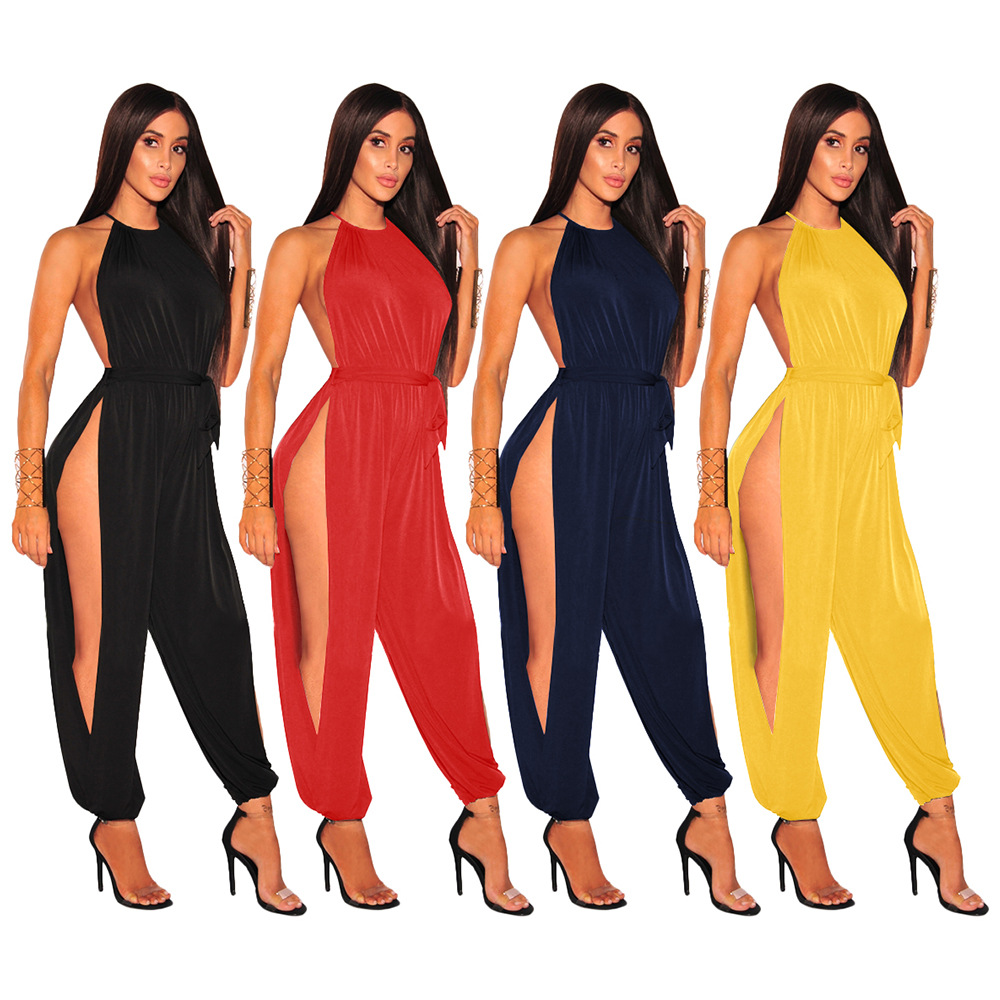 Spot trend Jumpsuits European style autumn solid color halter nightclub sexy jumpsuit support mixed batch