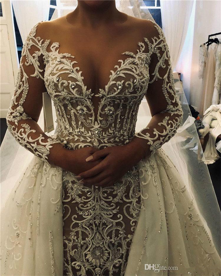 sexy mermaid wedding dresses crystal beaded lace illusion long sleeve detachable train bride gowns custom made wedding gown