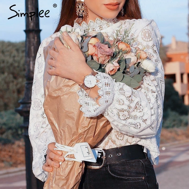 Simplee Elegant White Lace Blouse Shirt Sexy Hollow Out Embroidery Feminine Blouse Women Long Lantern Sleeve Summer Tops Female Y190510