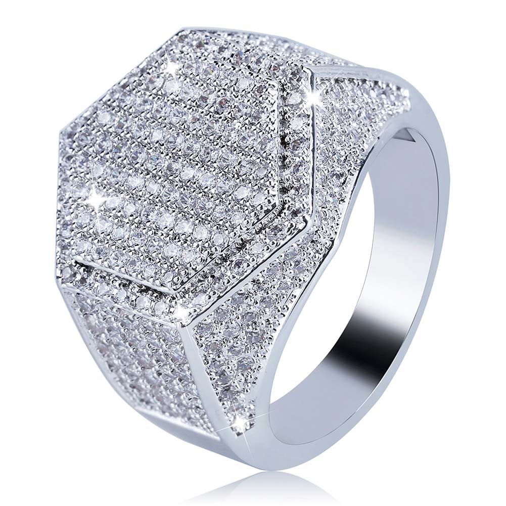 Hip Hop Casting Geometric Hexagon Rings Shining 18k Real Gold Plated Cubic Zircon Diamond Finger Ring Jewelry