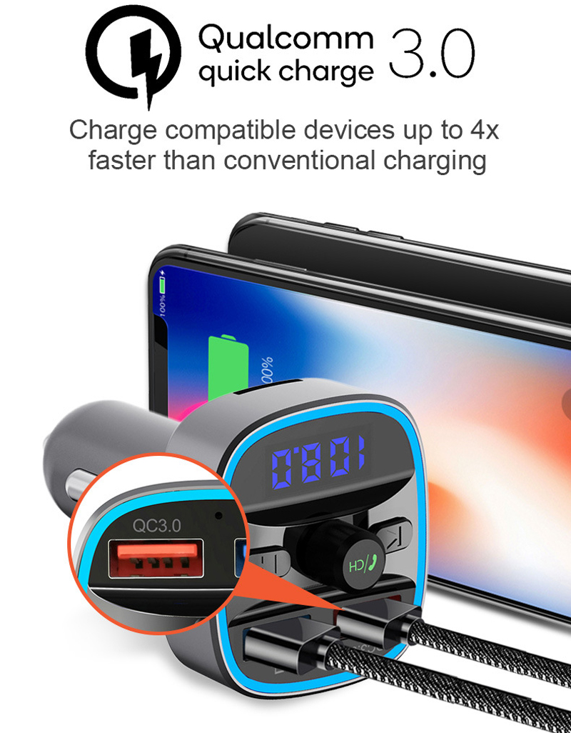 T25S Car FM Transmitter Auto Charger Bluetooth Handsfree Music Player Vehicle Radio Adapter Kit With Double USB QC 3.0 Fast Charging Ports