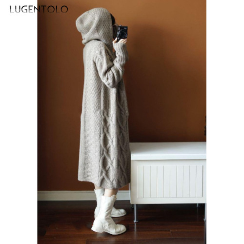 Lugentolo Women Sweater Cardigan Autumn Winter Hooded Long Sleeve Winter New Solid Color Loose Korean Cozy Lady Long Sweaters CJ191220