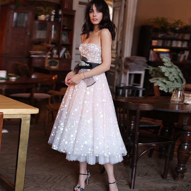 2020 Bling Star Homecoming Dresses With Belt Spaghetti Tea Length A Line Cocktail Party Dress Custom Made Prom Gowns