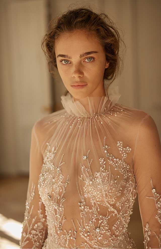 Newest Bohemian Lia Martinez A Line Wedding Dresses High Neck Long Sleeve Crystal Tulle Lace Wedding Gowns Sweep Train robe de mariée