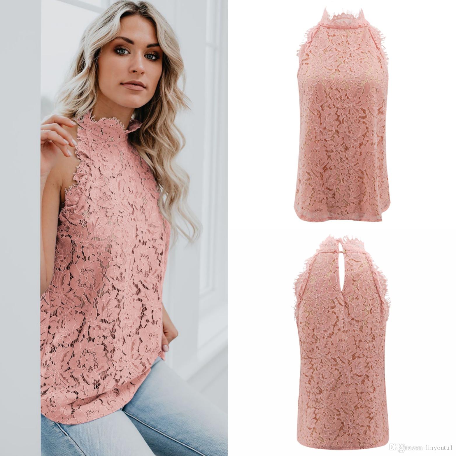 hot sale Womens Tops and Blouses Women Lace Solid Sleeveless Hollow Blouse Tops Shirt Shirts White Black Women clothes Hollow