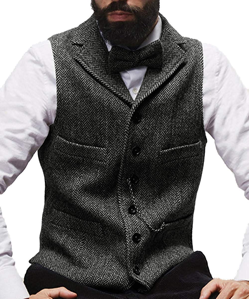 New Brown Rustic Groom Vests For Country Wedding Wool Herringbone Groomsmen Attire Men's Party Suit Vests Slim Fit Dress Waistcoat