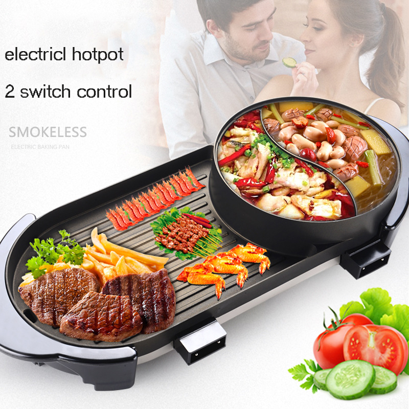 New Korean-style Smokeless Electric Grill Barbecue Oven Non-stick Chafing Dish Home Appliances Multi Cooker Hotpot BBQ