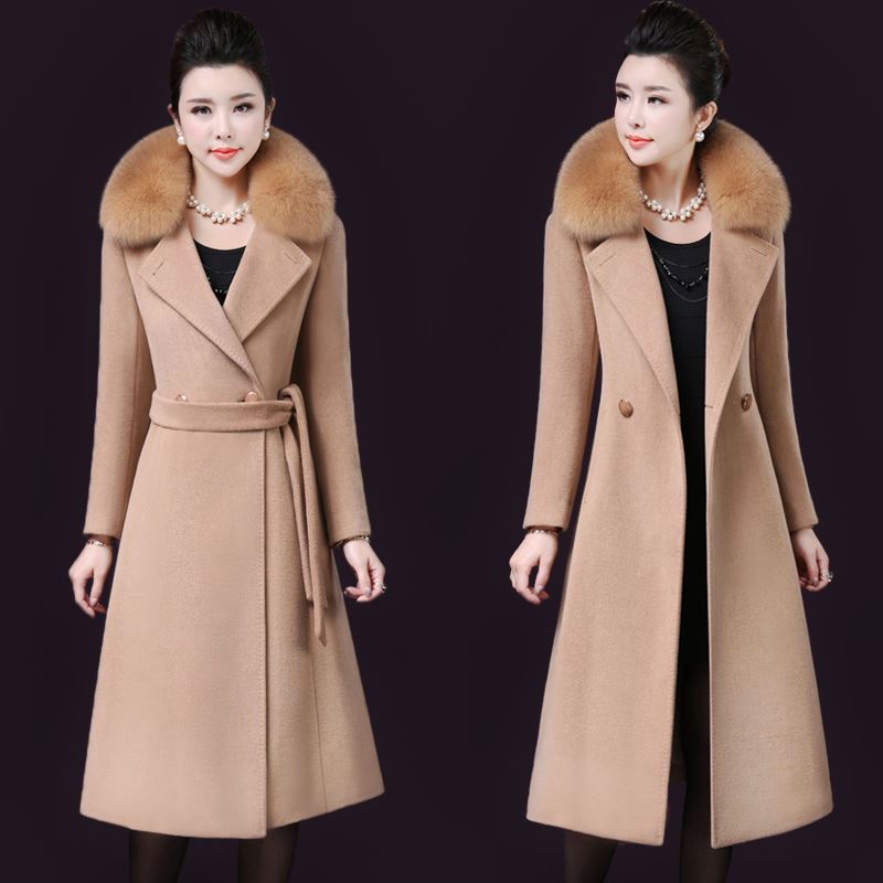 

Elegant Solid Woolen Winter Warm Coats Slim Pockets Office Wool Coat and Jacket Covered Button Fur Collar Ladies Lengthen Coats, Black
