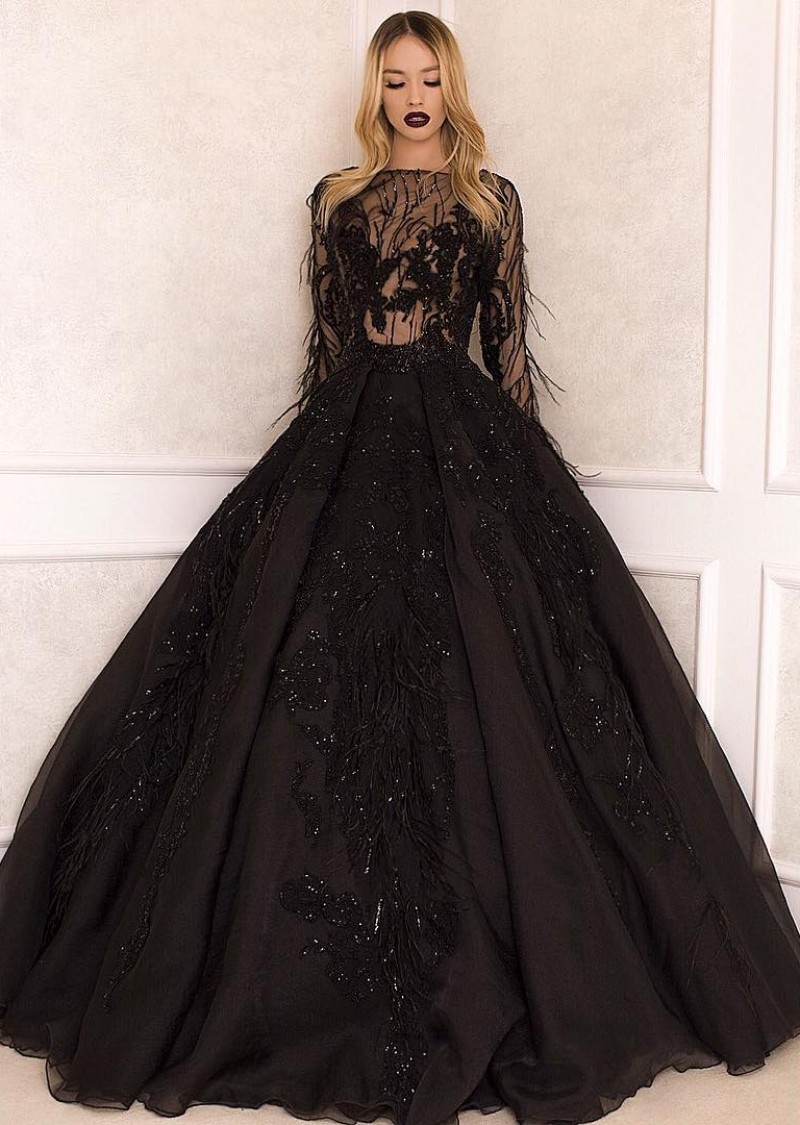 2020 Black A Line Evening Dresses Illusion Tulle Sequins Applique Prom Dress Sweep Tarin Long Sleeve Special Occasion Dresses