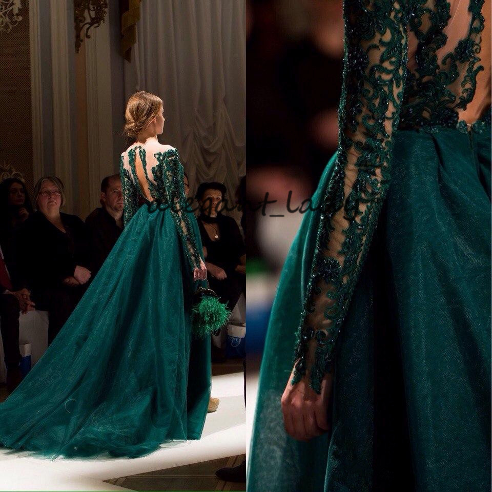 Emerald Green Occasion Evening Wear Gowns with Overskirt 2019 Full Lace Applique Beaded Long Sleeve Prom Dresses with Detachable Train