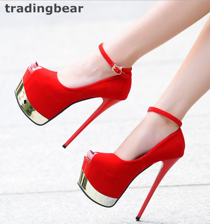 Hot Sale-16cm Ultra High Heels Black Red Synthetic Suede Ankle Strap Super Platform Pumps Prom Night Club Shoes Size 34 to 39