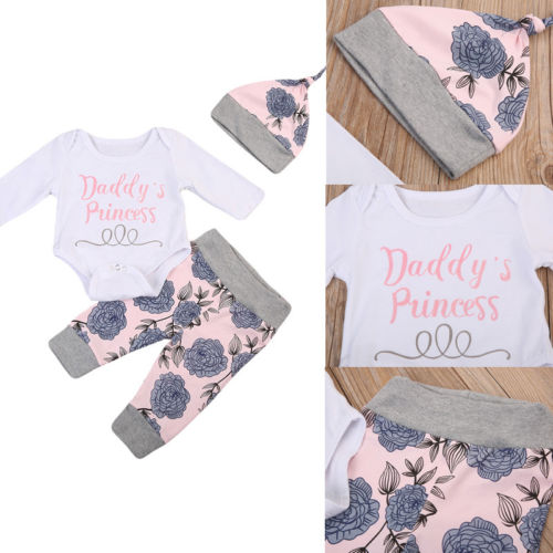 Infant Newborn Baby Girls Clothing Set Long Sleeve Tops Romper Pants Hat Outfits Cotton Baby Girl Clothing Toddler Baby Clothes