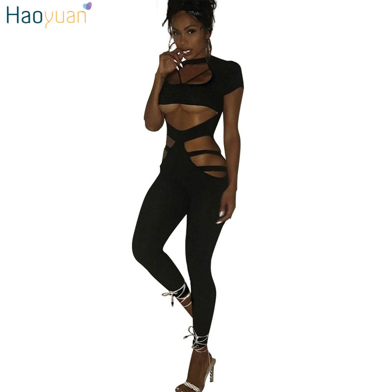 HAOYUAN Rompers Womens Jumpsuit Bodycon Hollow Out Overalls 2017 Fall Black Red Bodysuit Leotard Sexy Clubwear Bandage Jumpsuit q1110