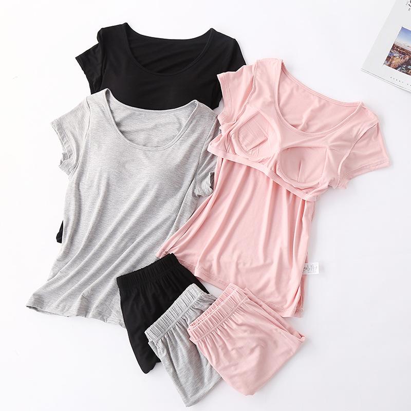 Night Pajamas with Chest Pad Plus Size Pijama Mujer Night Suits Ladies Sleepwear Women Pyjama Set Casual Lounge Home Clothes