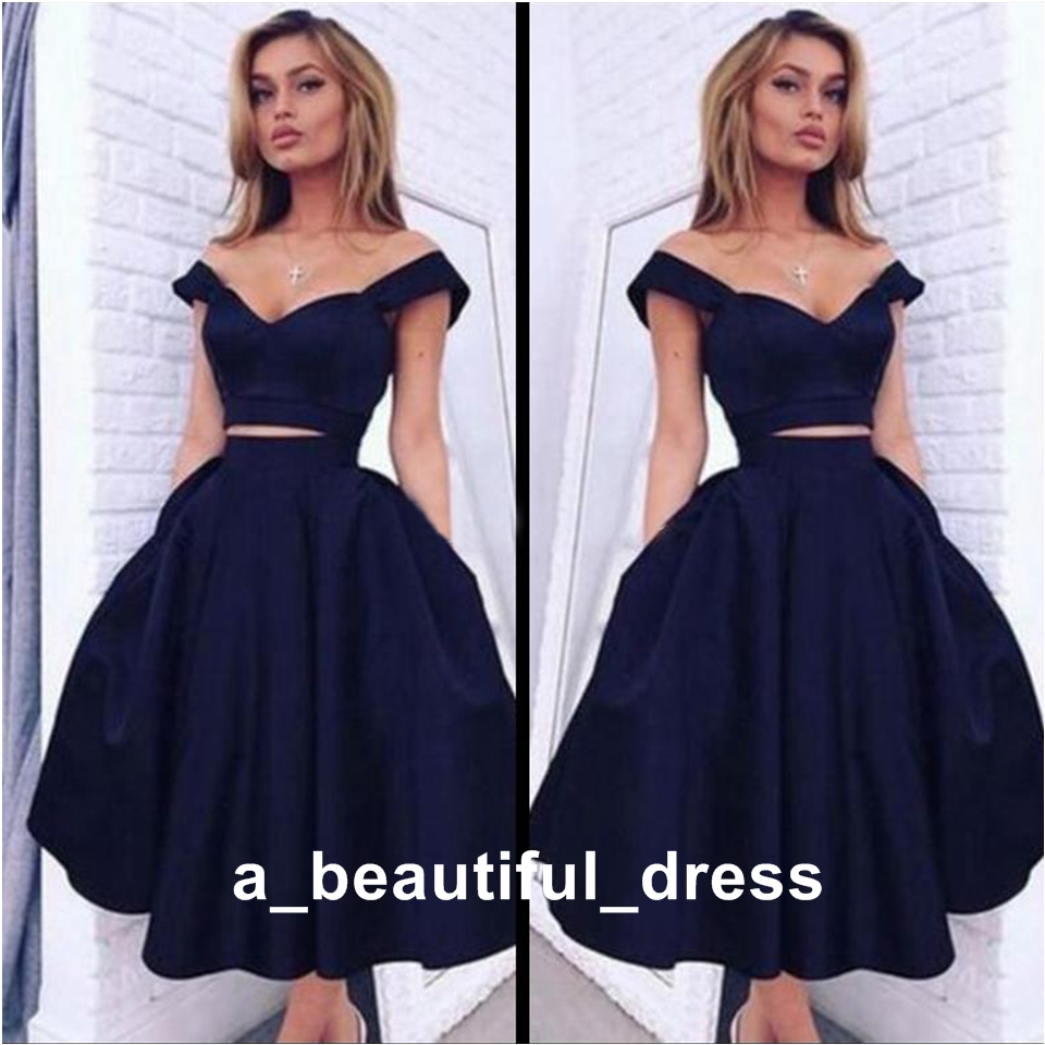 Navy Blue Two Piece Prom Dress Off Shoulder Sweetheart Neck Tea Length Satin Evening Prom Party Gowns ED1272