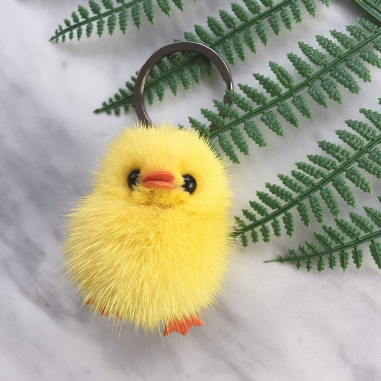 Cute little yellow chicken soft real mink fur key chain bag pendant accessories yellow duck hanging car ornament