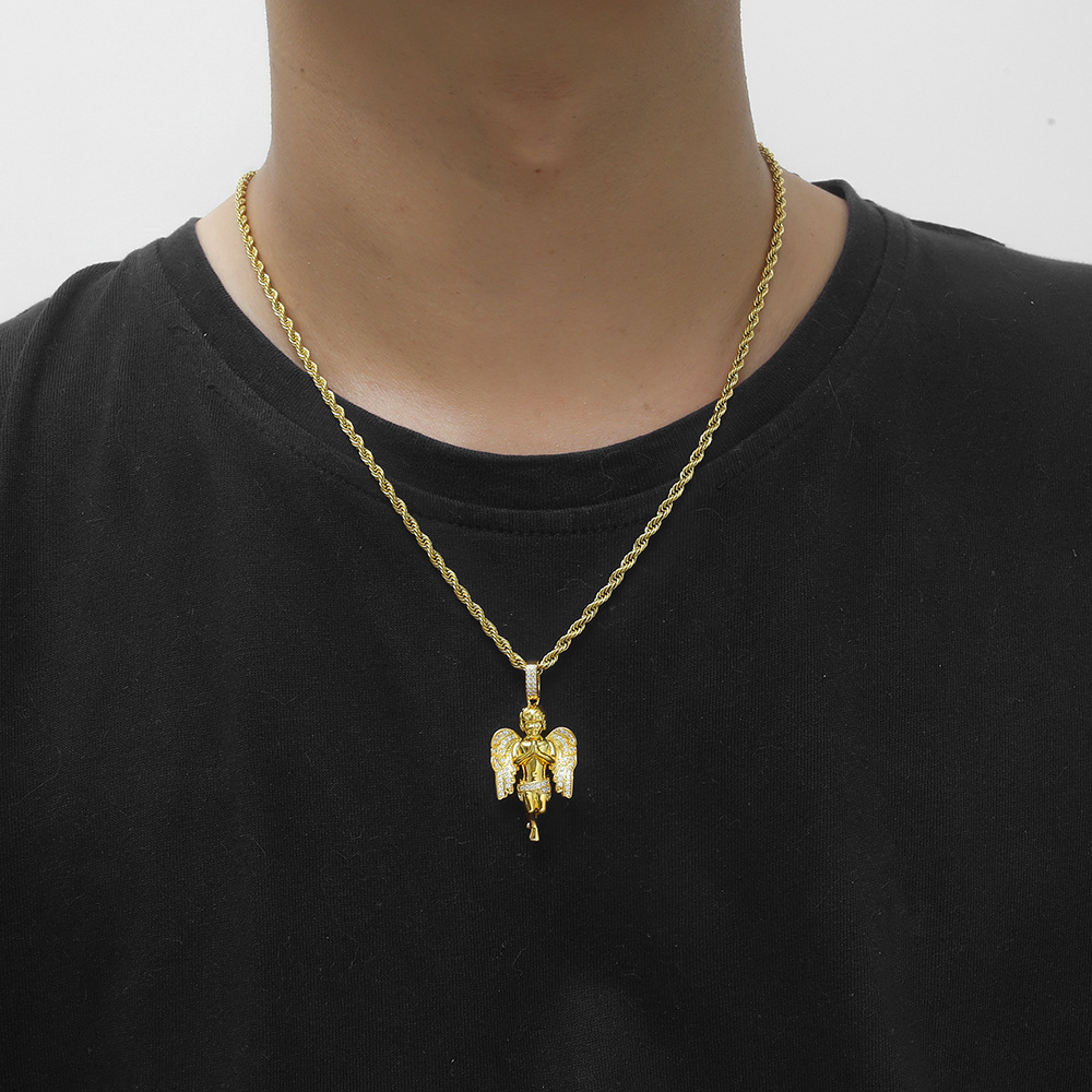 Hip Hop Prayer Angel Pendant Necklace Shining Full Diamond Stone Stainless Steel Bling Charm Pendants Jewelry