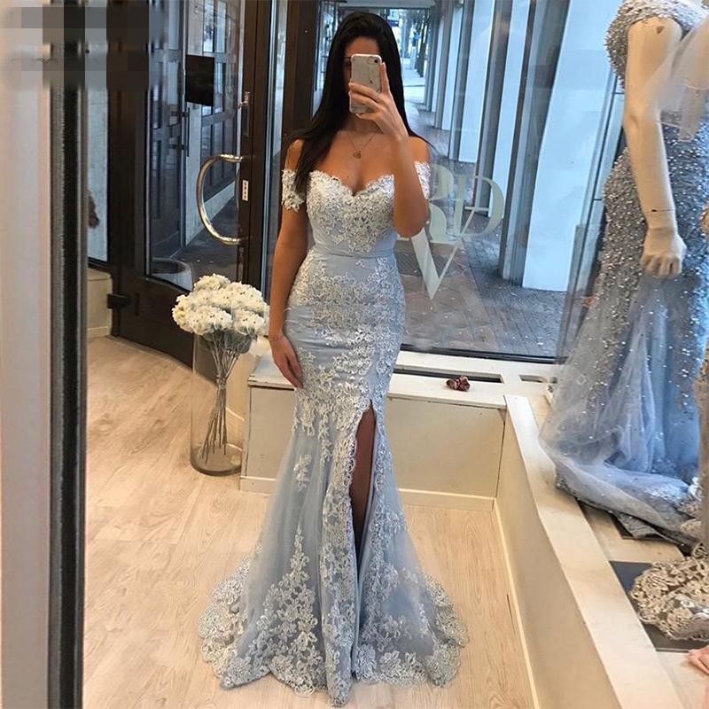 2020 Off Shoulder Light Sky Blue prom dresses Sexy Custom Evening Dress Event Mermaid Style Appliques Front Split New Special Occasion Party, Silver
2020 Off Shoulder Light Sky Blue prom dresses Sexy Custom Evening Dress Event Mermaid Style Appliques Front Split New Special Occasion Party, Silver