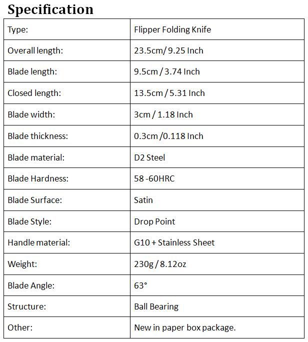 High Quality 3 Colors Ball Bearing Flipper Folding Knife D2 Satin Drop Point Blade G10 + Stainless Steel Sheet Handle With Retail Box