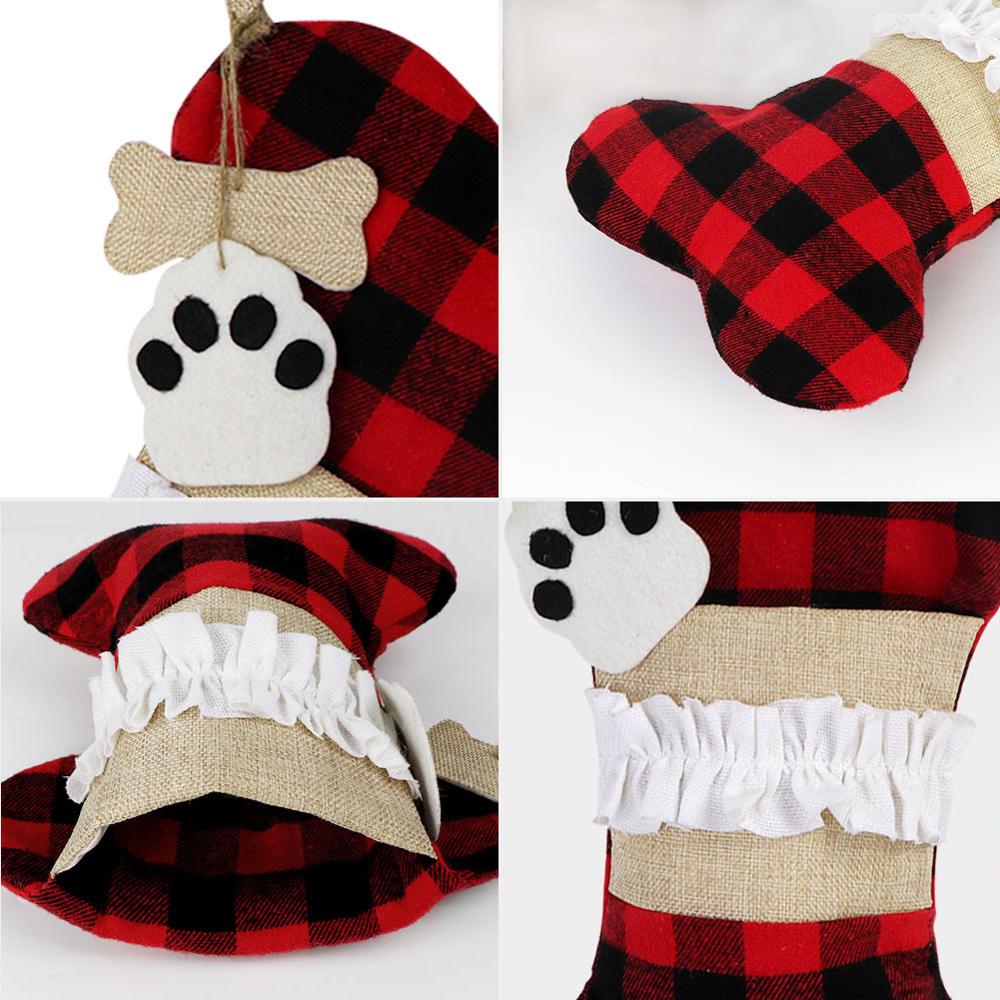 Big Plaid Puppy Dog Christmas Stocking 42cm*26cm Cotton and Burlap Bone Christmas Gift Bags for Dog