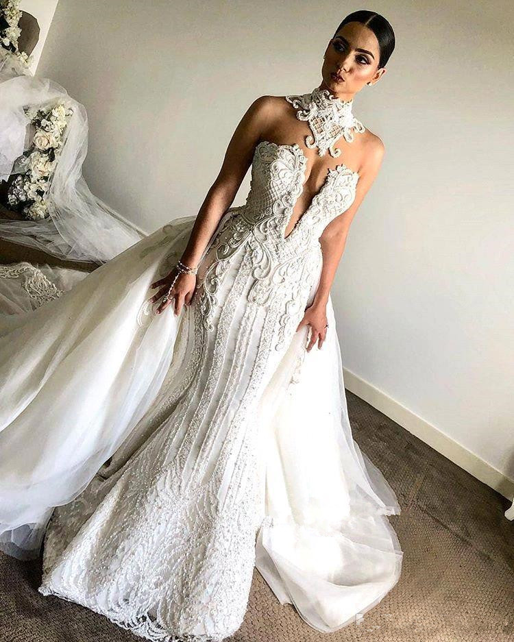 fabulous lace mermaid wedding dresses with overskirts high neck beaded plus size bridal gowns saudi arab wedding dress custom