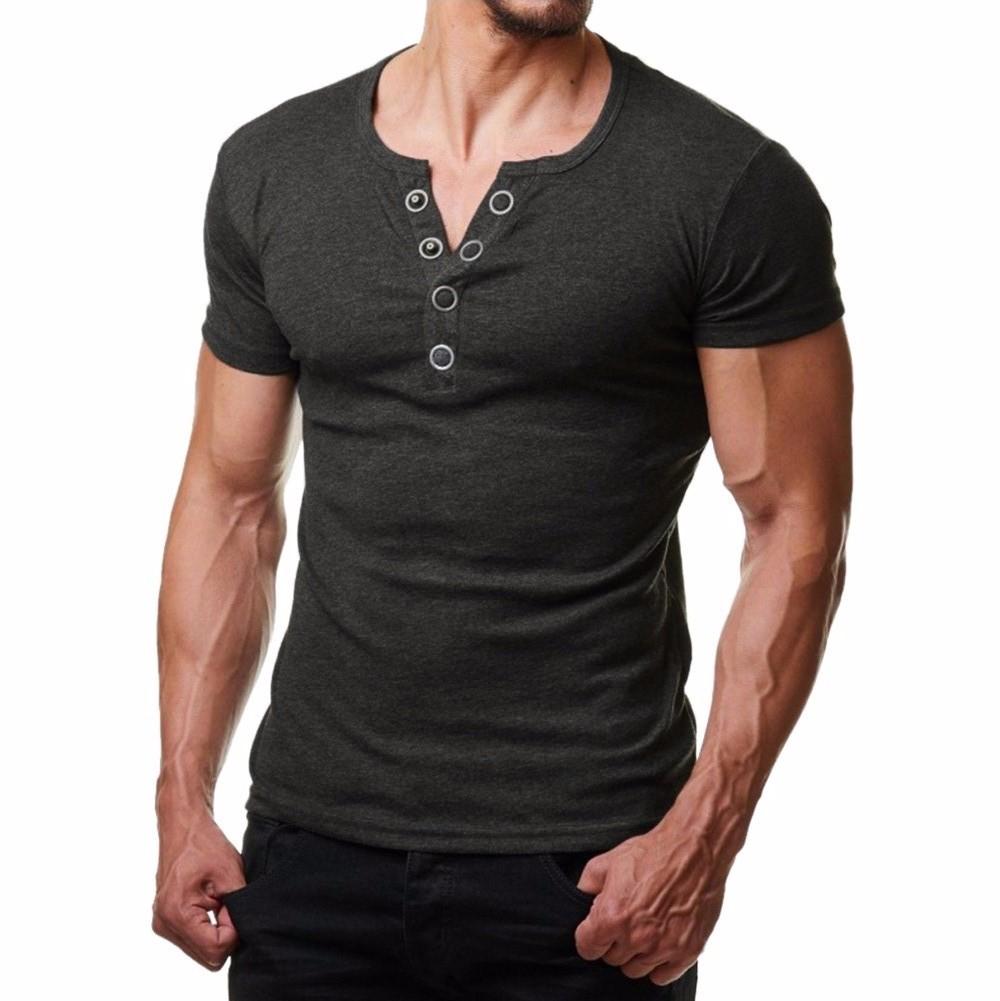 2020 New T-Shirt men Button Short Sleeve Fitness top Cotton and Polyester Pollover V Neck Collar tshirt men in Six Colour Size S-2XL