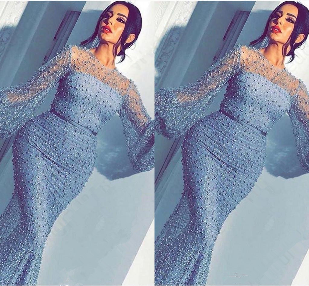 vintage long sleeve evening dresses with beads long bell sleeve arabic mermaid prom dresses jewel neckline evening gowns